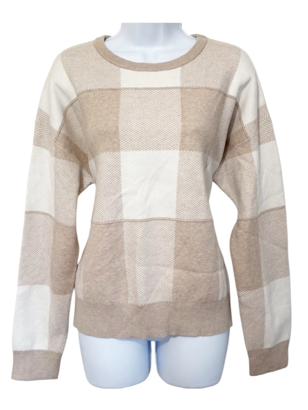 TAHARI Plaid Checkered Crewneck Sweater Beige Cream Lightweight Knit XL